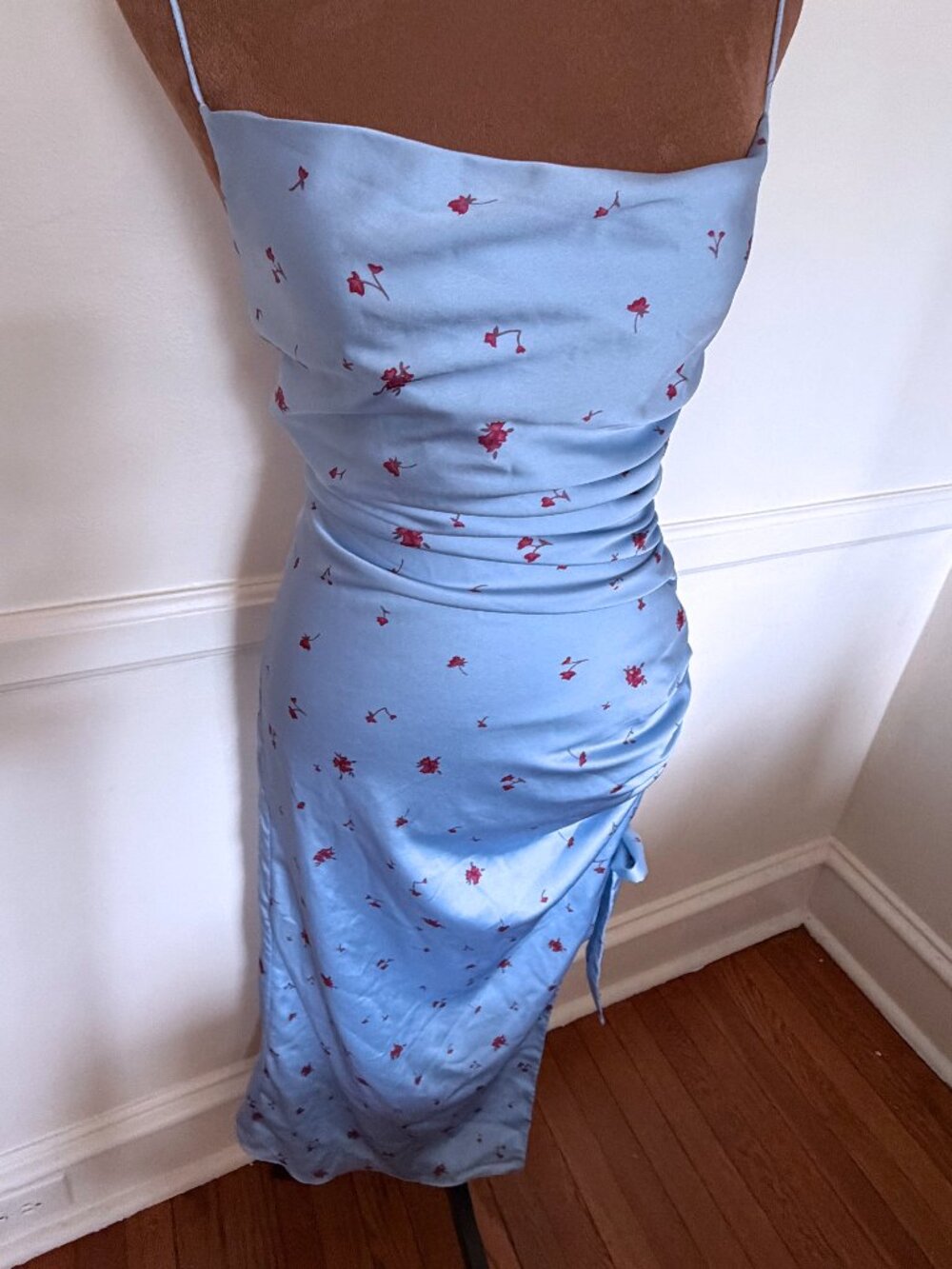 NWT Keepsake the Label Blue Floral Satin Ruched Tie Midi Dress XXS